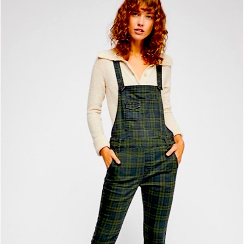 Free People Washed Plaid Denim Overalls size 27